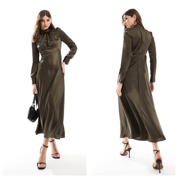 ASOS Design High Neck Satin Tea Maxi Dress Size 6 Khaki Olive Long Sleeve - Picture 1 of 15